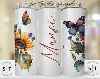 Add your own text Butterfly Floral tumbler, 20oz Skinny Tumbler Sublimation Designs Tumbler PNG File Digital Download, Colorful Flowers png