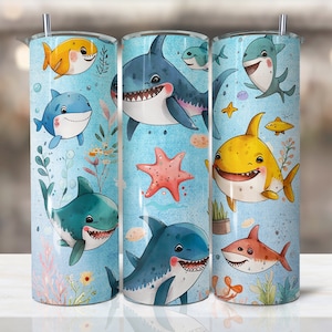Vaso de tiburón de dibujos animados lindo, vaso flaco de tortuga brillante, descarga de diseño de sublimación de vaso flaco de 20 oz, tiburón bebé lindo vaso png