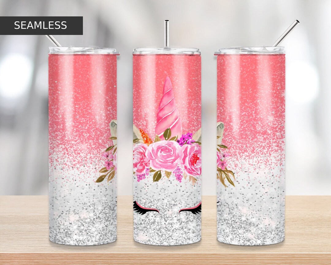 20 Oz Skinny Tumbler Sublimation Design Template Unicorn Head Glitter ...
