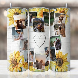 Modello per bicchiere con foto a forma di cuore, collage di foto a sublimazione PNG, bicchiere sottile da 20 once affusolato, scivolo dritto, avvolgimento completo