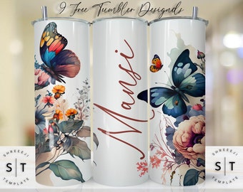 Add your own text Butterfly Floral tumbler, 20oz Skinny Tumbler Sublimation Designs Tumbler PNG File Digital Download, Colorful Flowers png