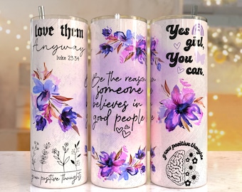 Afirmações positivas florais 20 oz Skinny Tumbler Sublimation Design Download digital PNG instantâneo, borboleta inspiradora