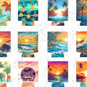 Op de afbeelding: Set van 10 kleurrijke blikjeskoelers met verschillende strandscenes, waaronder palmbomen, zonsondergangen, golven en zeewater. De ontwerpen zijn levendig en gedetailleerd, perfect om een ​​zomerse touch aan je drankjes te geven.