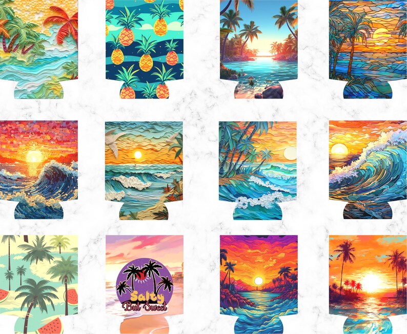 Op de afbeelding: Set van 10 kleurrijke blikjeskoelers met verschillende strandscenes, waaronder palmbomen, zonsondergangen, golven en zeewater. De ontwerpen zijn levendig en gedetailleerd, perfect om een ​​zomerse touch aan je drankjes te geven.