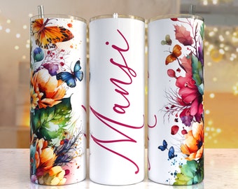 Add your own text Butterfly Floral tumbler, 20oz Skinny Tumbler Sublimation Designs Tumbler PNG File Digital Download, Colorful Flowers png