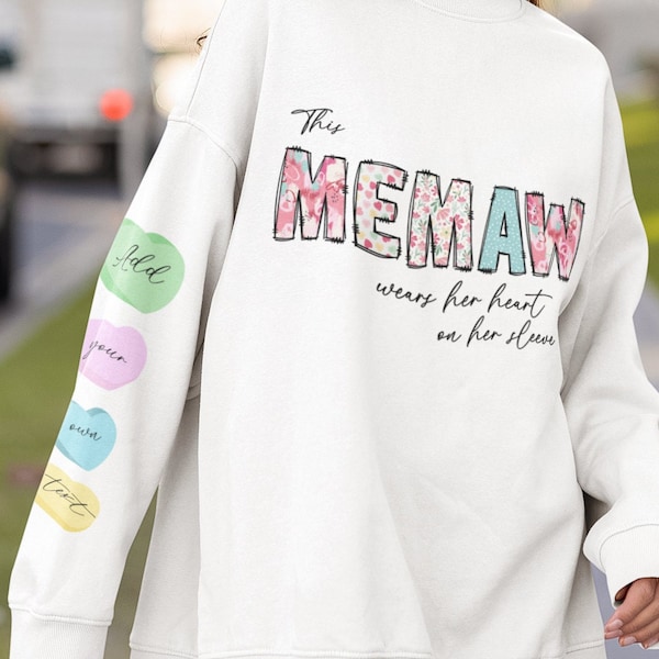 This MEMAW wears her heart on her sleeve, valentines png, add your own names | digital download, t-shirt jumper png, Valentine sublimation