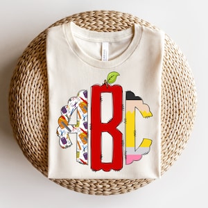 3 set Teacher Apple Full Alphabet Individually Saved, Circle Monogram Scalloped Round Left Middle & Right,Back to School Doodle Letters PNG