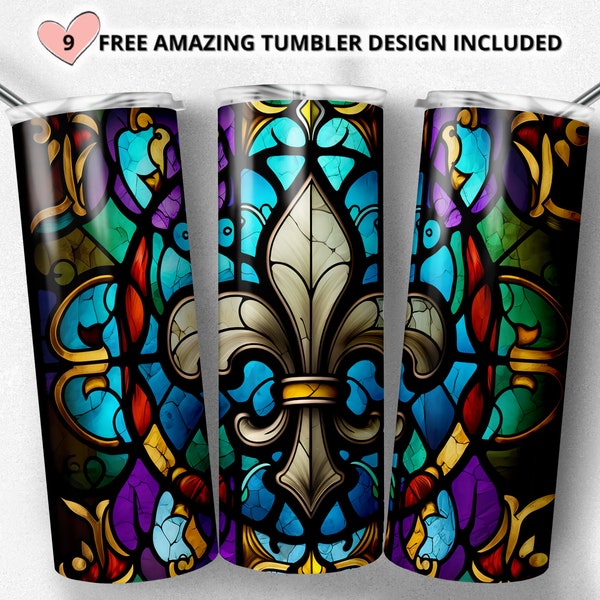 Gebrandschilderd glas Fleur De Lis 20 oz Skinny Tumbler Sublimatie Design Digitale Download PNG Instant ALLEEN DIGITAAL, Mardi Gras Wrap