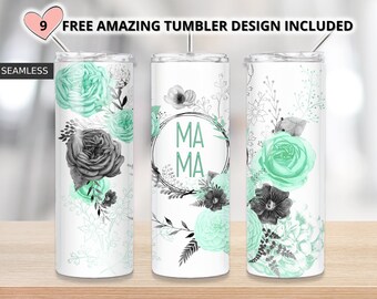 MAMA tumbler,Teal watercolor floral tumbler, 20oz Skinny Tumbler Sublimation Designs Tumbler PNG File Digital Download,Teal tumbler