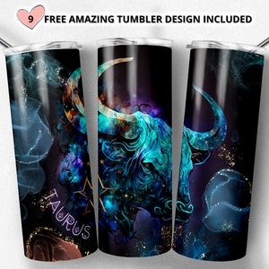 Taurus Zodiac Sign Alcohol Ink 20 oz Skinny Tumbler Sublimation Designs Templates Straight Design Digital Download PNG