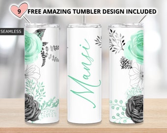 Add your own text Teal watercolor floral tumbler, 20oz Skinny Tumbler Sublimation Designs Tumbler PNG File Digital Download,Teal tumbler