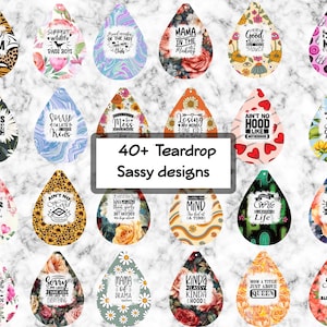 May include: A collection of over 40 teardrop-shaped earrings with sassy designs. The earrings feature various patterns, including floral, animal print, and text-based graphics. The text includes phrases like "I'm a Mom" and "Mama in the Making."