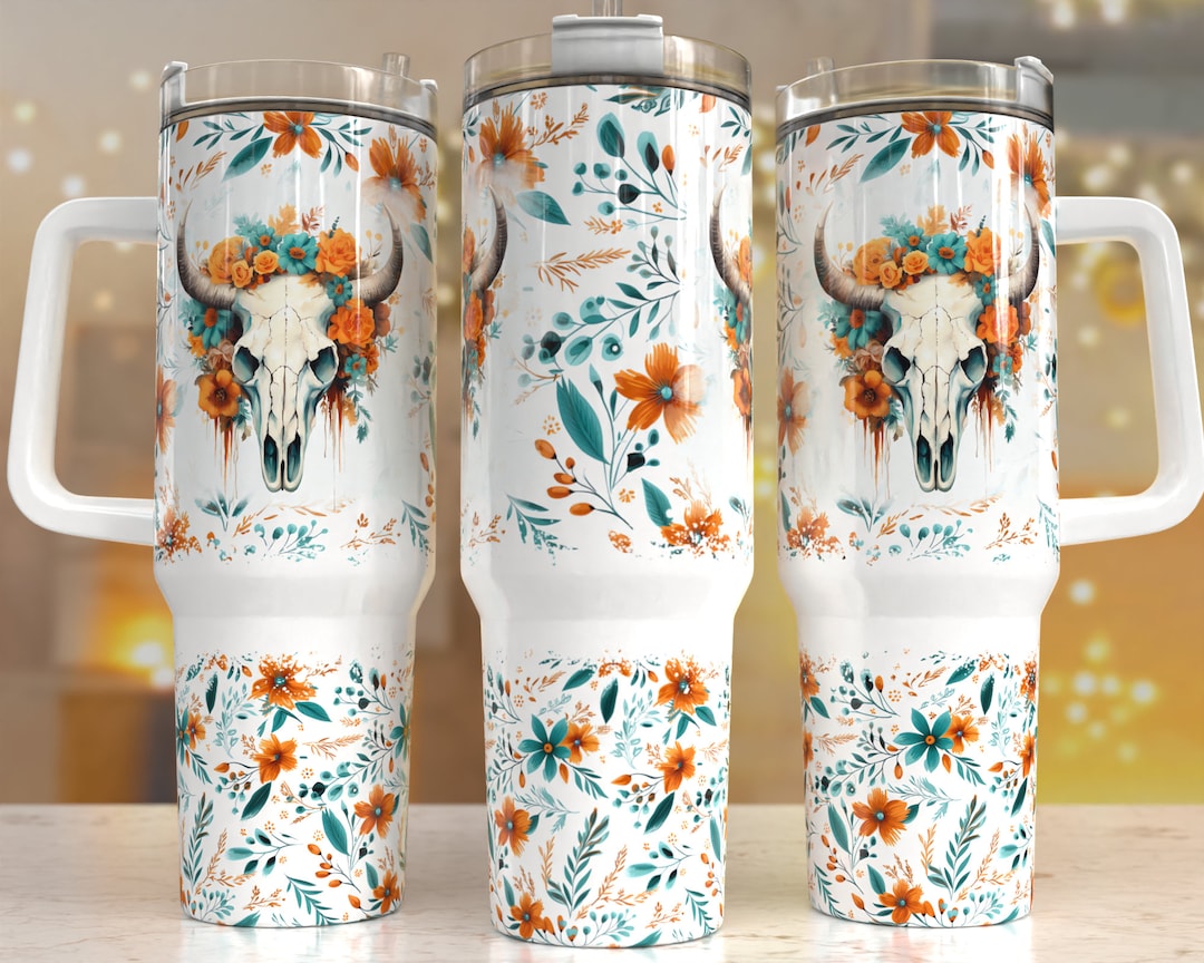 Cow Skull Western 40oz Quencher Tumbler Wrap/ PNG Tumbler Design ...