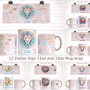 12 szablonów kubków z afirmacją znaku zodiaku do sublimacji - wzory sublimacji - kubek 11 uncji, kubek 15 uncji, szablony kubków PNG - wzory prasy do kubków Cricut Wrap