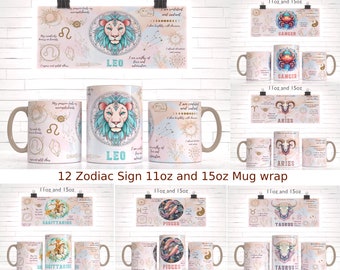 12 Zodiac Sign Affirmation Mug Sublimation Template - Sublimation Designs -11Oz Mug 15Oz Mug PNG Mug Templates-Cricut Mug Press Designs Wrap