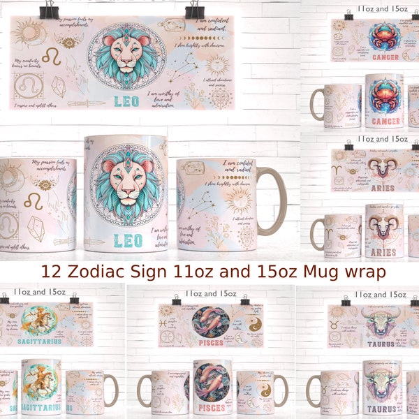 12 Zodiac Sign Affirmation Mug Sublimation Template - Sublimation Designs -11Oz Mug 15Oz Mug PNG Mug Templates-Cricut Mug Press Designs Wrap