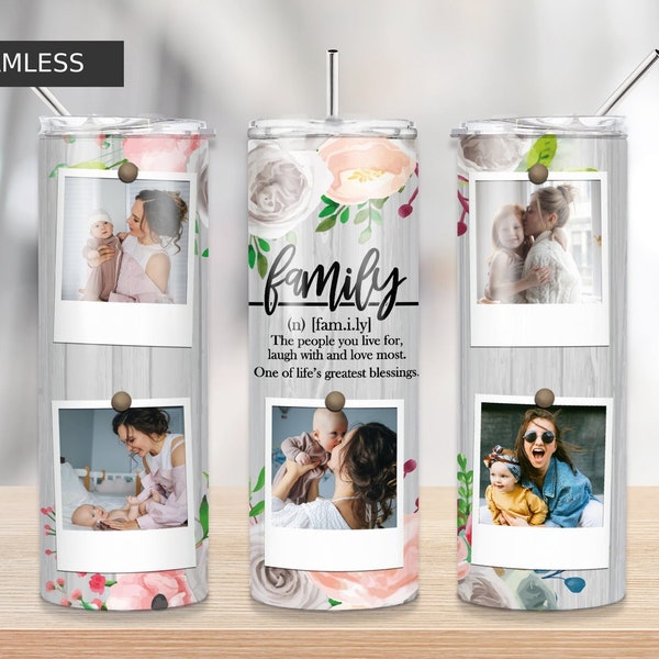 White Wood Grain, Family Definition Quote, People Live Family, Photo Frame Tumbler Png Sublimation 20oz Skinny, Seamless floral