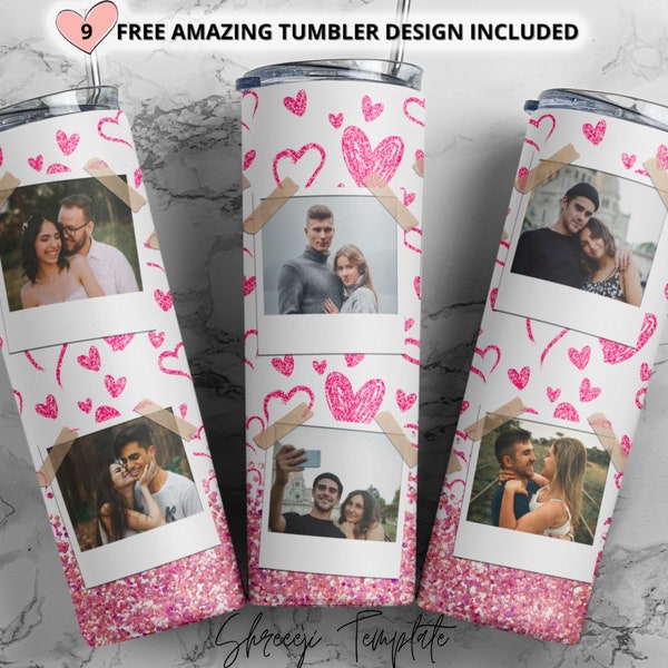 Photo Pink Glitter Hearts, Love Valentines Day 20oz Skinny Tumbler Tapered, Straight Sublimation Full Wrap Png Digital Download