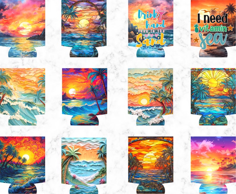 Op de afbeelding: Set van 10 kleurrijke blikjeskoelers met een zonsondergang over de oceaan met palmbomen in de stijl van een glas-in-loodraam. De ontwerpen bevatten zinnen als "Drink in your own hard sun in the sand" en "I need vitamin sea".