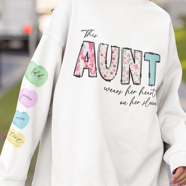 This AUNT wears her heart on her sleeve, valentines png, add your own names | digital download, t-shirt jumper png, Valentine sublimation