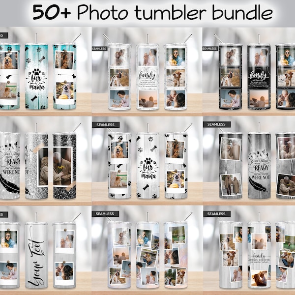 Más de 60 plantillas de vasos de fotos, collage de fotos de sublimación png, vaso flaco de 20 oz, recto/cónico, tobogán de agua, envoltura completa digital