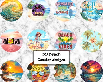 50 PNG Beach Car Coaster Sublimation Design, Car Coaster Designs, Round Sublimation Design, Instant Download, Commercial Use Png