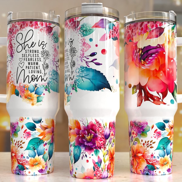 She is mom vibrant Floral 40oz Quencher Tumbler Wrap/  PNG Tumbler Design Sublimation Designs Downloads - PNG/ seamless design