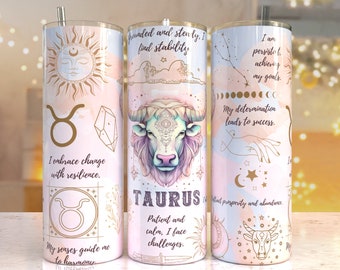 Taurus Zodiac Sign  Pastel 20 oz Skinny Tumbler Sublimation Designs Templates Straight Design Digital Download PNG