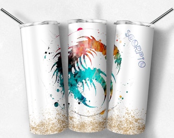 Scorpione Segno zodiacale Pastello acquerello 20 oz Skinny Tumbler Sublimazione Disegni Modelli Design dritto Download digitale PNG