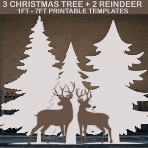 3 diversi alberi di Natale + 2 modelli di renne, stencil stampabile Pdf, modelli di decorazioni silhouette natalizie, modello di Natale