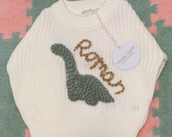 Personalised Custom Hand Embroidered Knitted Baby Toddler Dinosaur Jumper