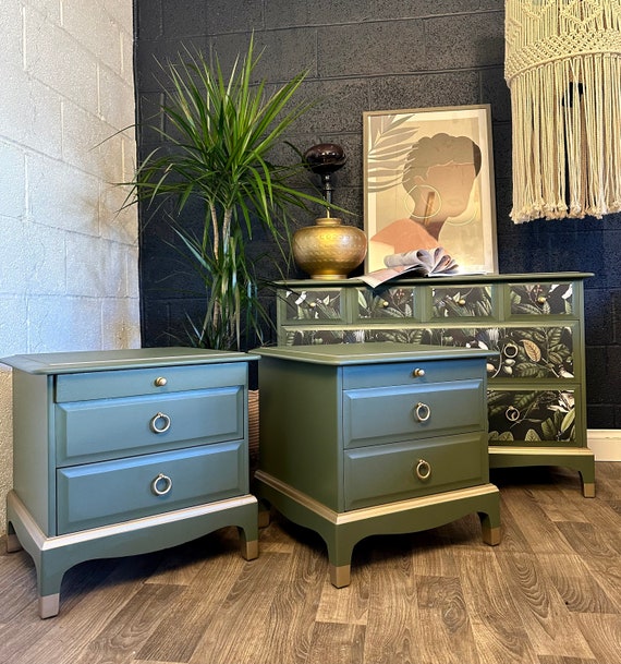 green dresser and nightstand set American Drew Ashby Park Panel Bedroom Set in Sage