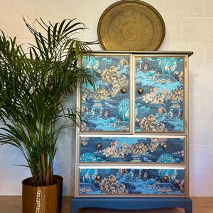 Stag Drinks Cabinet/Sideboard in Homestead Blue with Chinoserie Pattern Oriental Style