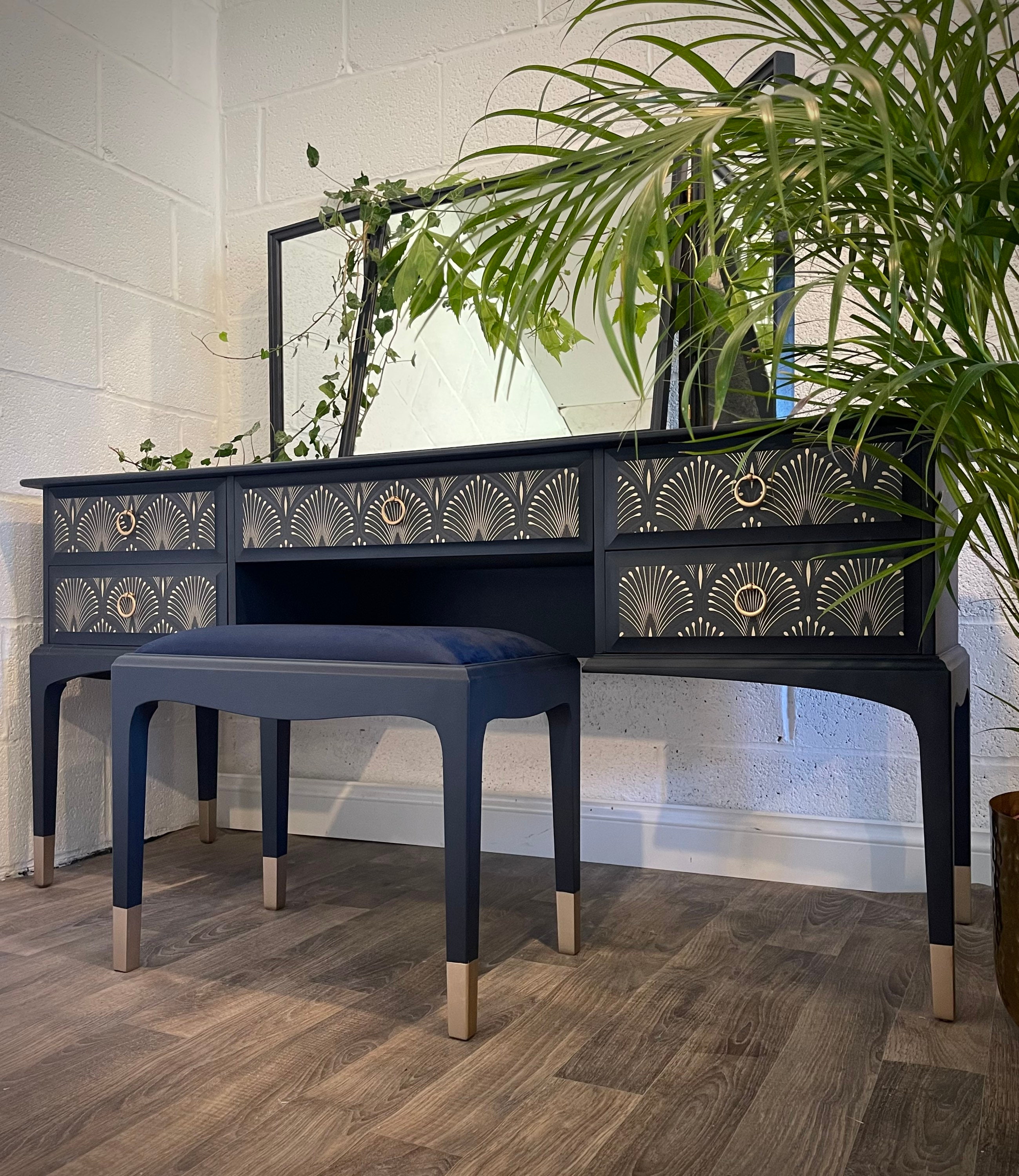 navy and gold dressing table Dressing Table : Modern Blue Dressing Table with 4 Drawer & Cushion St –  Studio GKW main image 1