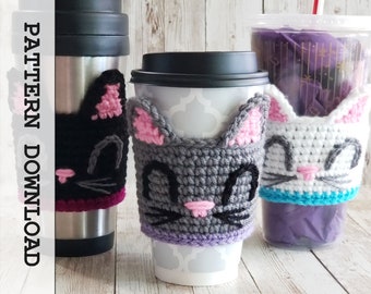 Crochet Pattern: Cat Kitten Cup Cozy Sleeve | Cute Kitty Mug Wrap | Crochet Coffee Cozy PDF | Reusable Animal Cozy | Instant Download