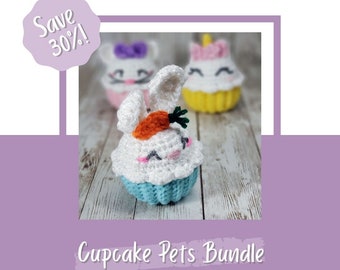 Lot de motifs au crochet : petits gâteaux - lapin, chaton, licorne | Peluches Amigurumi | Téléchargement instantané PDF | Cadeau DIY