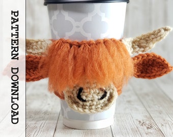 Crochet Pattern: Highland Cow Bull Steer Coffee Cup Cozy | Cute Farm Animal Mug Sleeve | PDF Instant Download