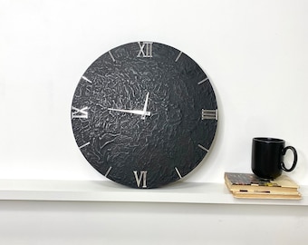 Handmade wall clock, Black contemporary interior detail, Unique anniversary gift, Luxury housewarming gift, Clock covered with metal.