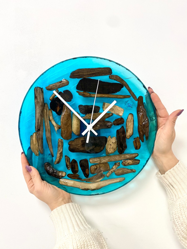 Handmade Wall Clock, Wooden Resin Clock, Blue Contemporary Interior ...