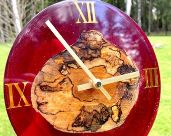Handmade wall clock, Wooden resin clock, red contemporary interior detail, Unique anniversary gift, Luxury housewarming gift.
