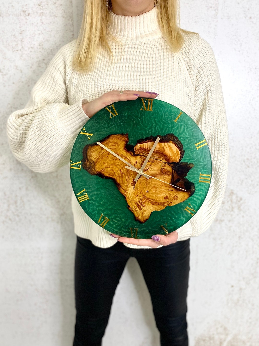 Handmade Wall Clock, Wooden Resin Clock, Green Contemporary Interior ...