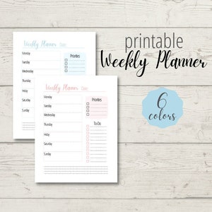 May include: Two printable weekly planner templates with a light blue and pink color scheme. The templates feature a list of days of the week with space for writing tasks and priorities. The text "printable weekly planner" and "6 colors" are also included in the image.