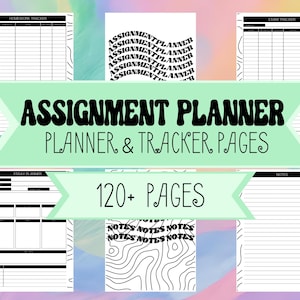 May include: A collection of assignment planner and tracker pages. The pages are black and white with various layouts, including homework, exam, and essay trackers, and note pages. The text "ASSIGNMENT PLANNER PLANNER & TRACKER PAGES" is displayed prominently.