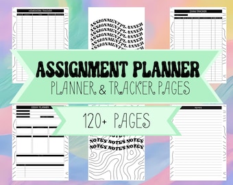 Pode incluir: Uma coleção de páginas de planejador e rastreador de tarefas em preto e branco. As páginas incluem rastreadores de tarefas, exames e ensaios, além de páginas de notas. O texto "ASSIGNMENT PLANNER PLANNER & TRACKER PAGES" é exibido de forma proeminente.