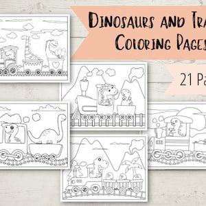 Dinosaurs Riding Trains Coloring Book Pages - 21 Train Coloring Pages - Dinosaur Coloring Pages - Printable Coloring Book for Boys or Girls