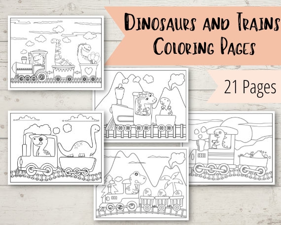 dinosaurs riding trains coloring book pages 21 train etsy