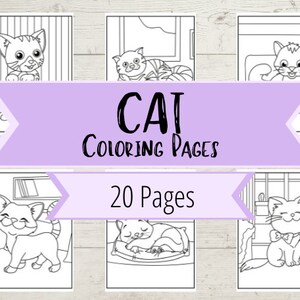 May include: Black and white coloring pages featuring various cats in different poses. The title of the coloring book is "Cat Coloring Pages" and the subtitle is "20 Pages".
