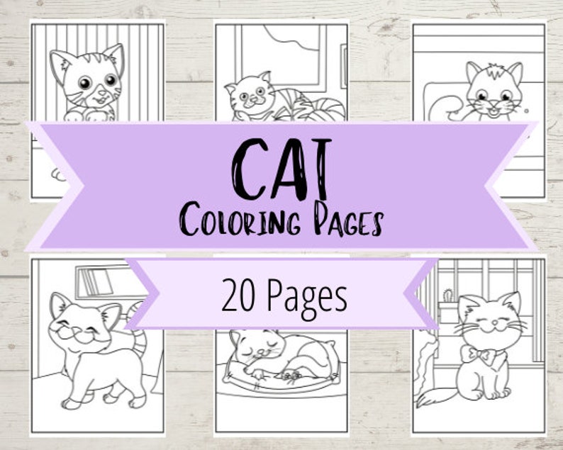 May include: Black and white coloring pages featuring various cats in different poses. The title of the coloring book is "Cat Coloring Pages" and the subtitle is "20 Pages".