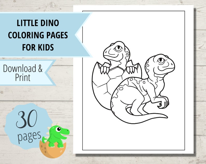 May include: Black and white coloring page featuring two baby dinosaurs hatching from eggs. The page is titled "Little Dino Coloring Pages for Kids" and includes the text "Download & Print".
