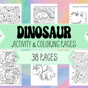 Afdrukbaar dinosaurus activiteitenboek - doolhoven, verbind de stippen, zoek de verschillen en kleurplaten voor kinderen - dinosaurus kleurboek voor kinderen afbeelding 1